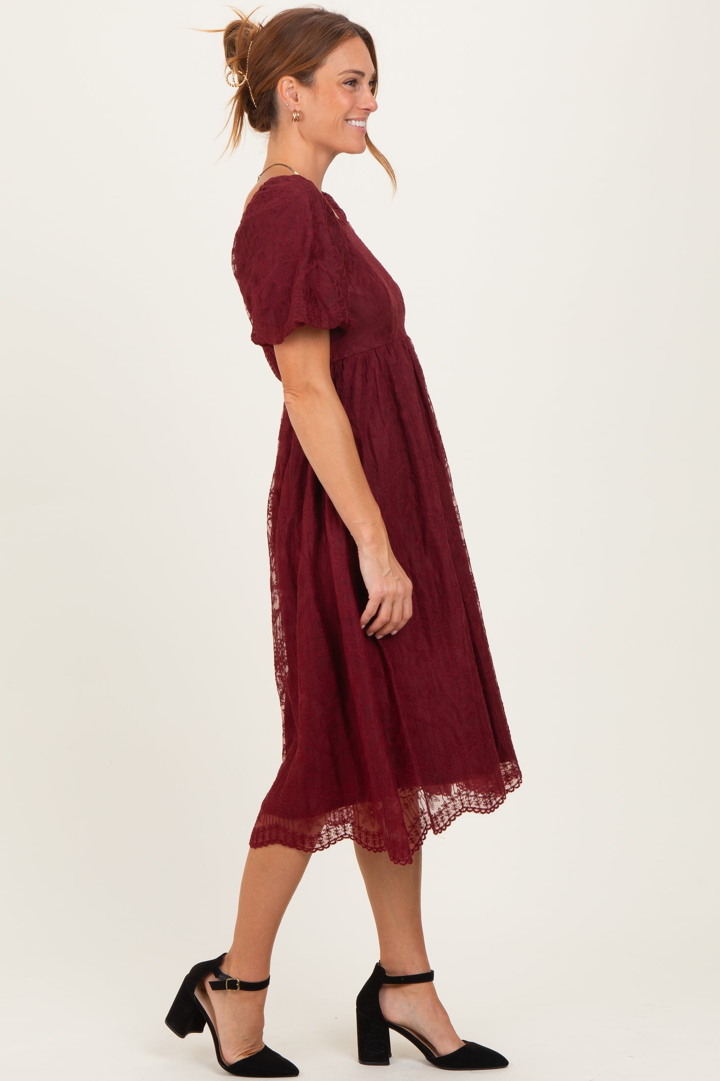 Burgundy Lace Sweetheart Neck Short Sleeve Midi Dress – PinkBlush