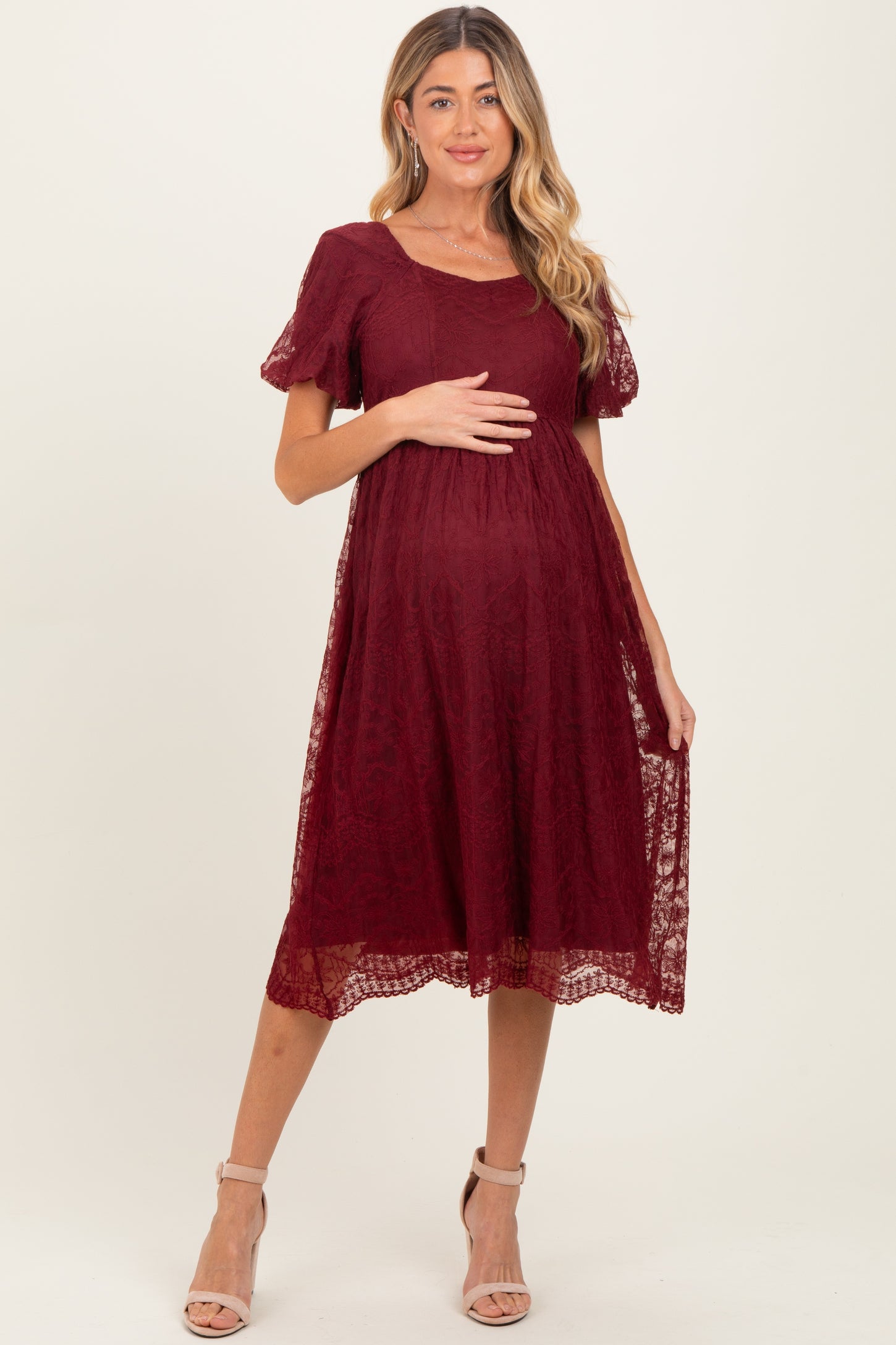 Burgundy Lace Sweetheart Neck Short Sleeve Maternity Midi Dress PinkBlush Burgundy Lace Sweetheart Neck Short Sleeve Maternity Midi Dress PinkBlush
