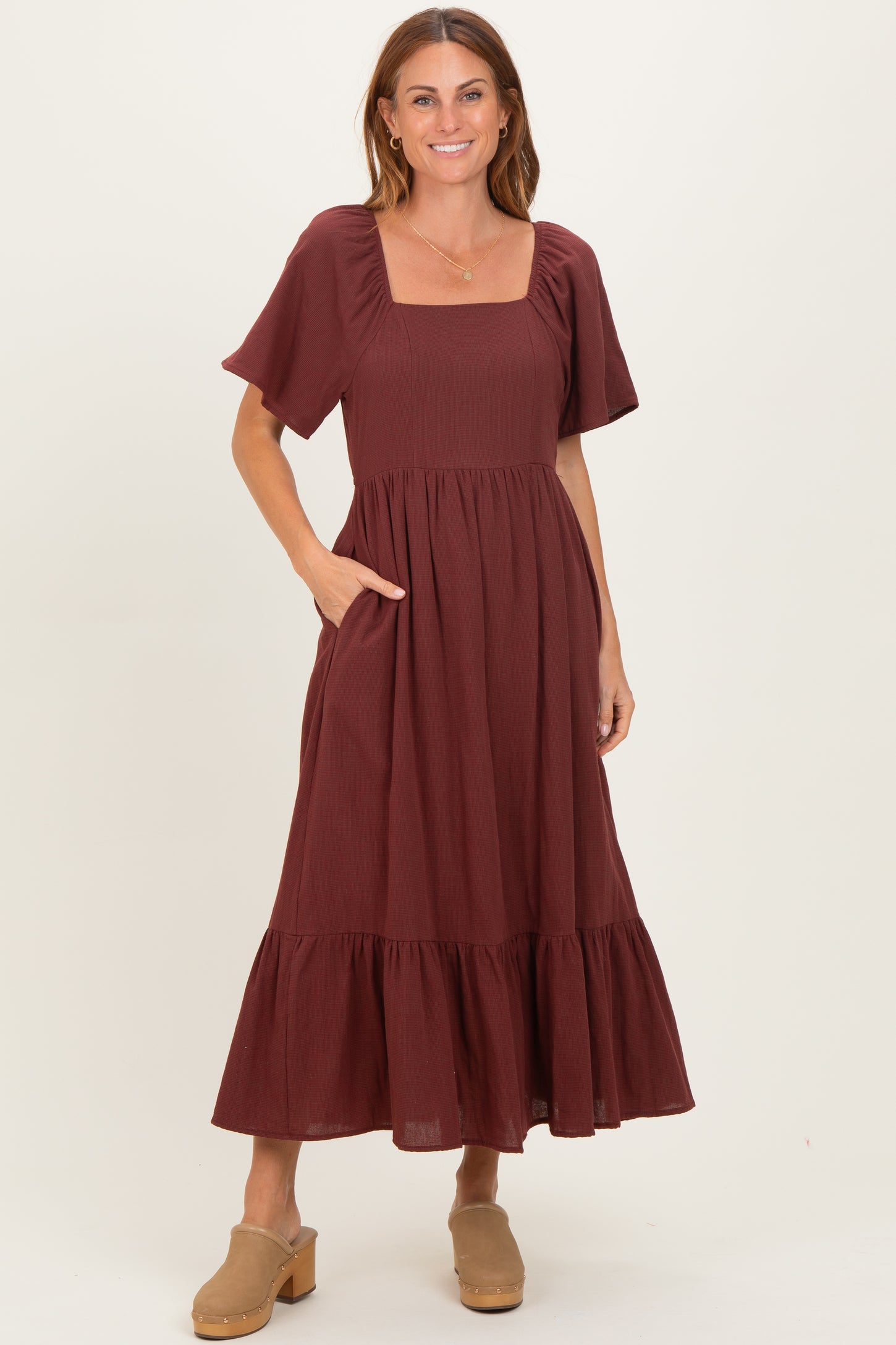 Burgundy Gingham Square Neck Ruffle Midi Dress