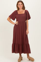 Burgundy Gingham Square Neck Ruffle Midi Dress