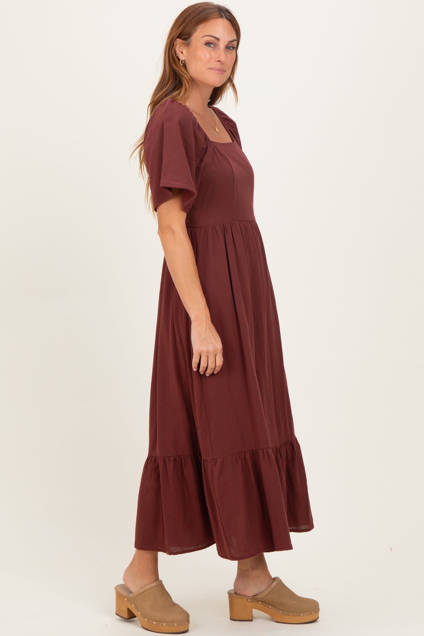 Burgundy Gingham Square Neck Ruffle Midi Dress