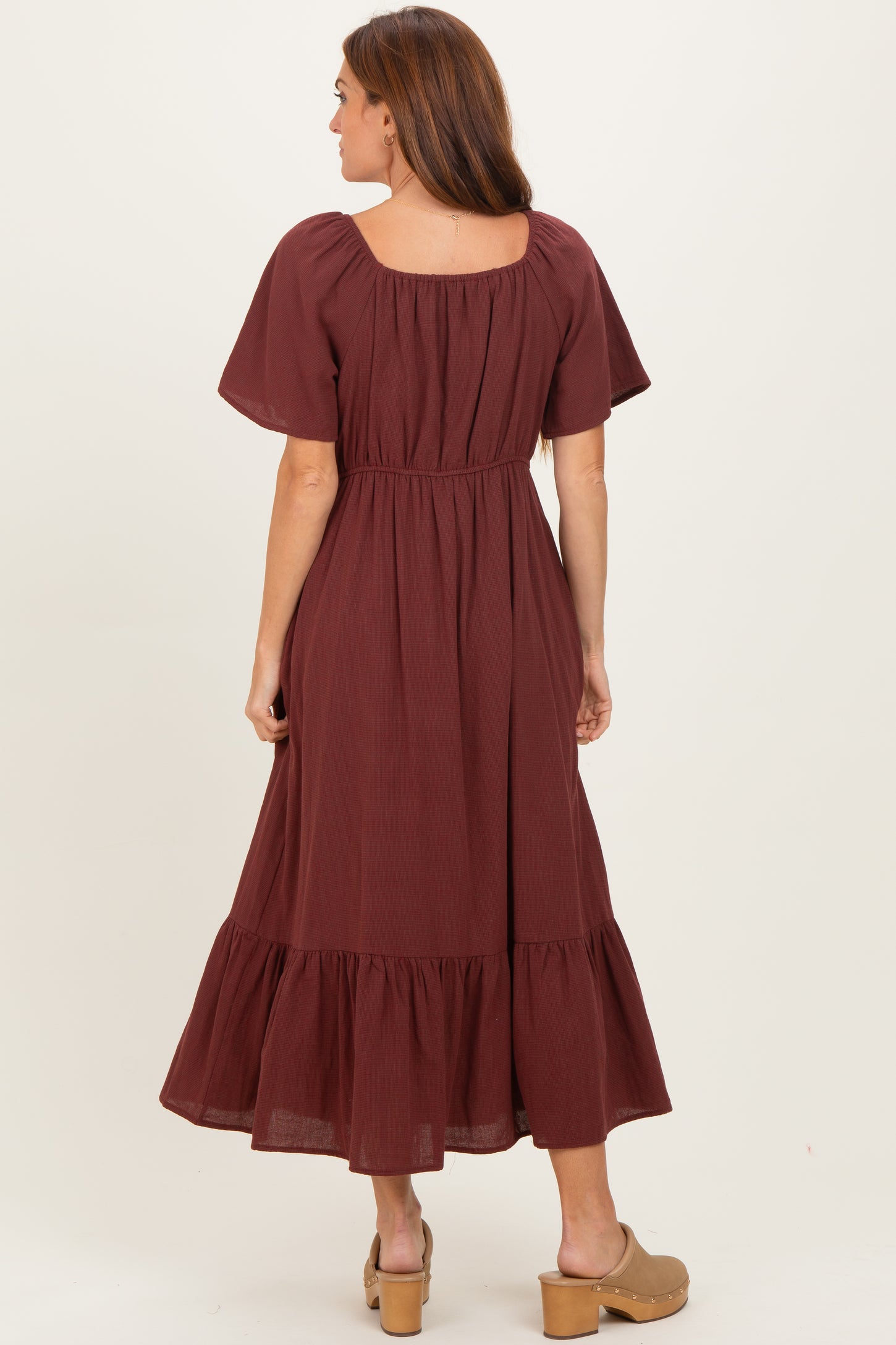 Burgundy Gingham Square Neck Ruffle Midi Dress – PinkBlush