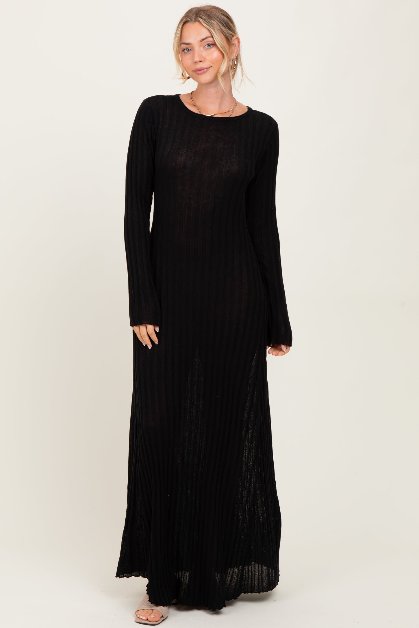 Black Ribbed Long Sleeve Maxi Dress