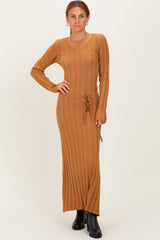 Camel Ribbed Wait Tie Midi Dress