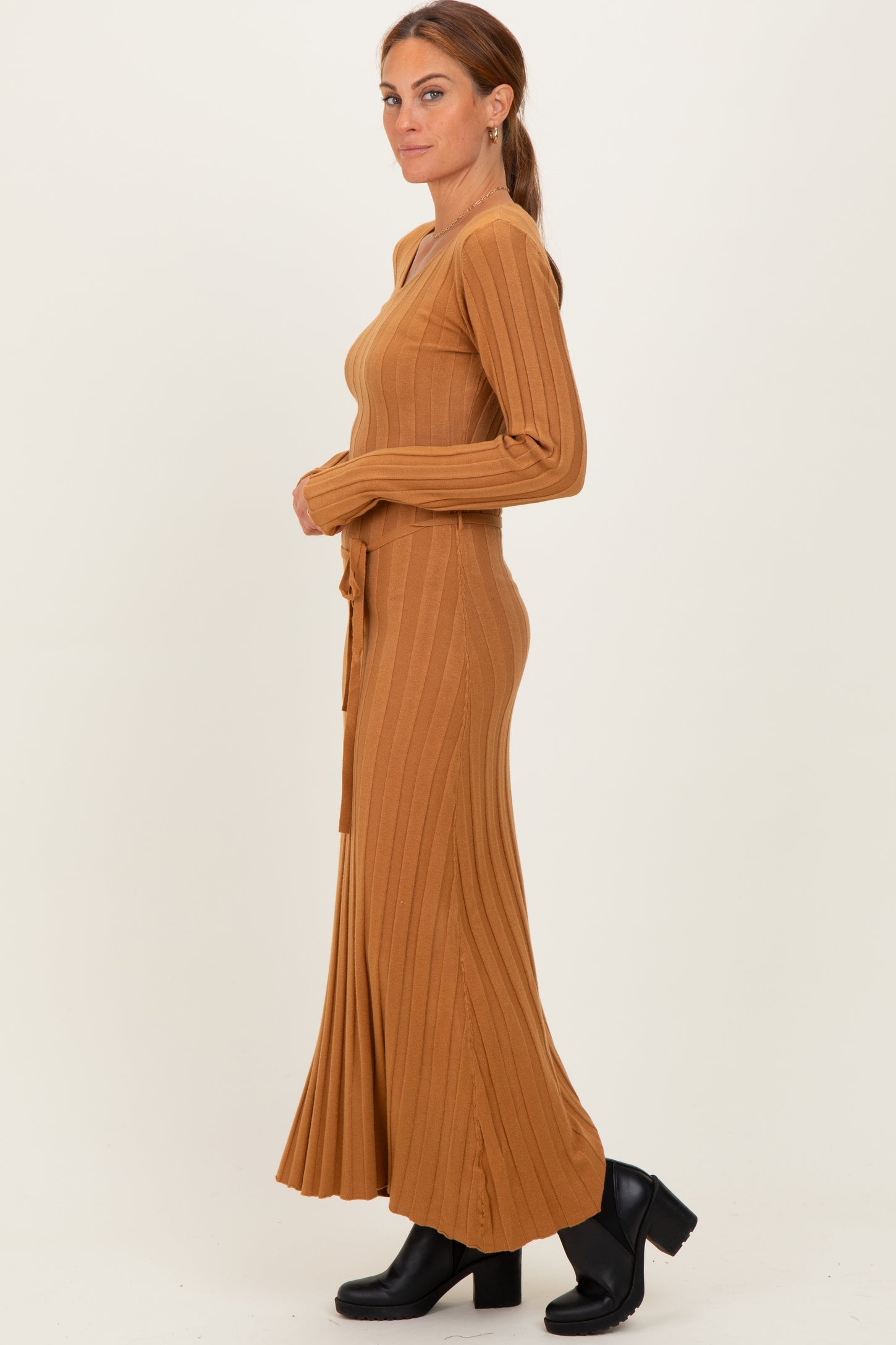 Camel Ribbed Wait Tie Midi Dress