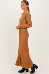 Camel Ribbed Wait Tie Midi Dress