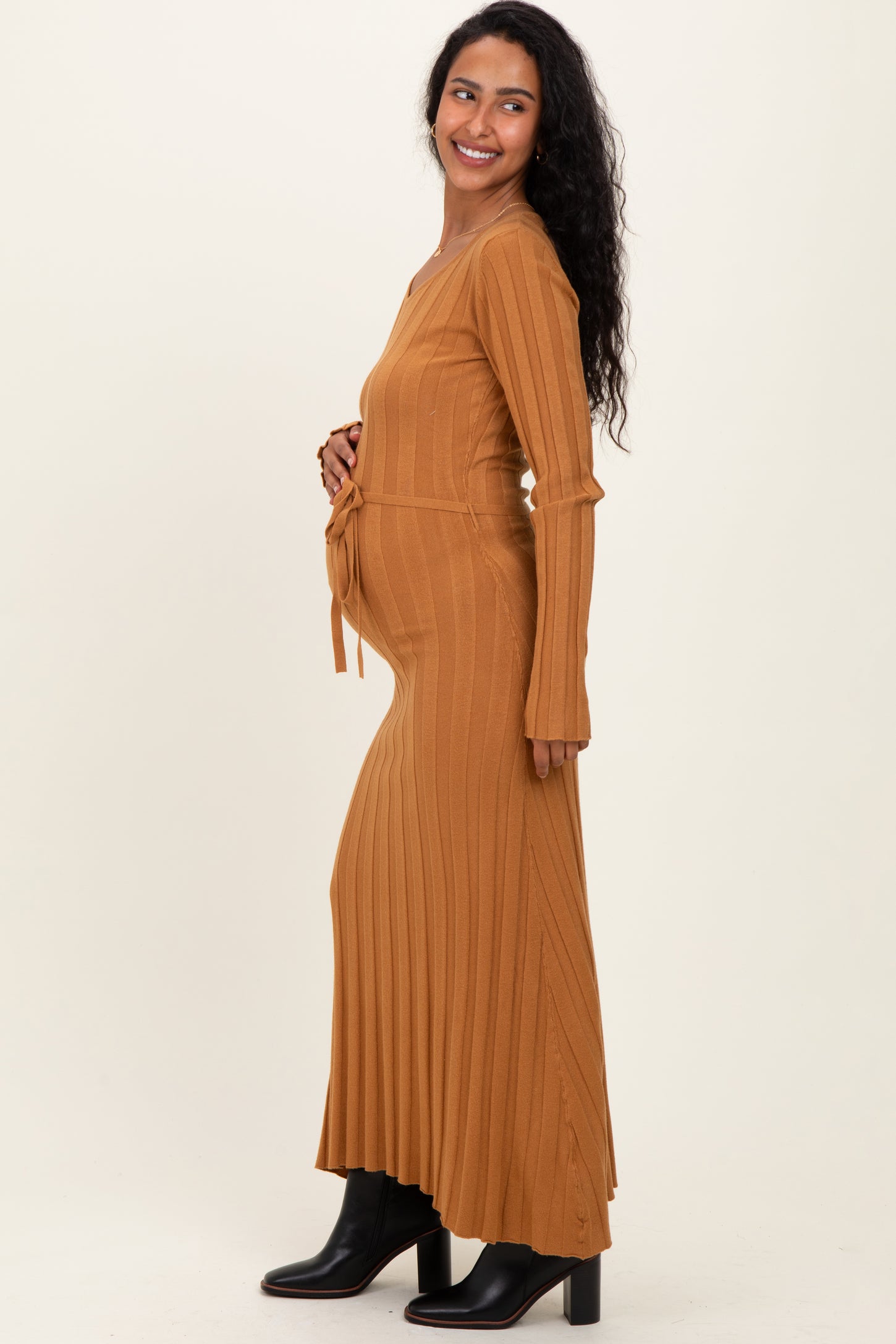 Camel Ribbed Wait Tie Maternity Midi Dress