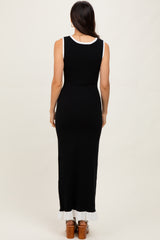 Black Knit V-Neck Contrast Ruffle Hem Maxi Dress
