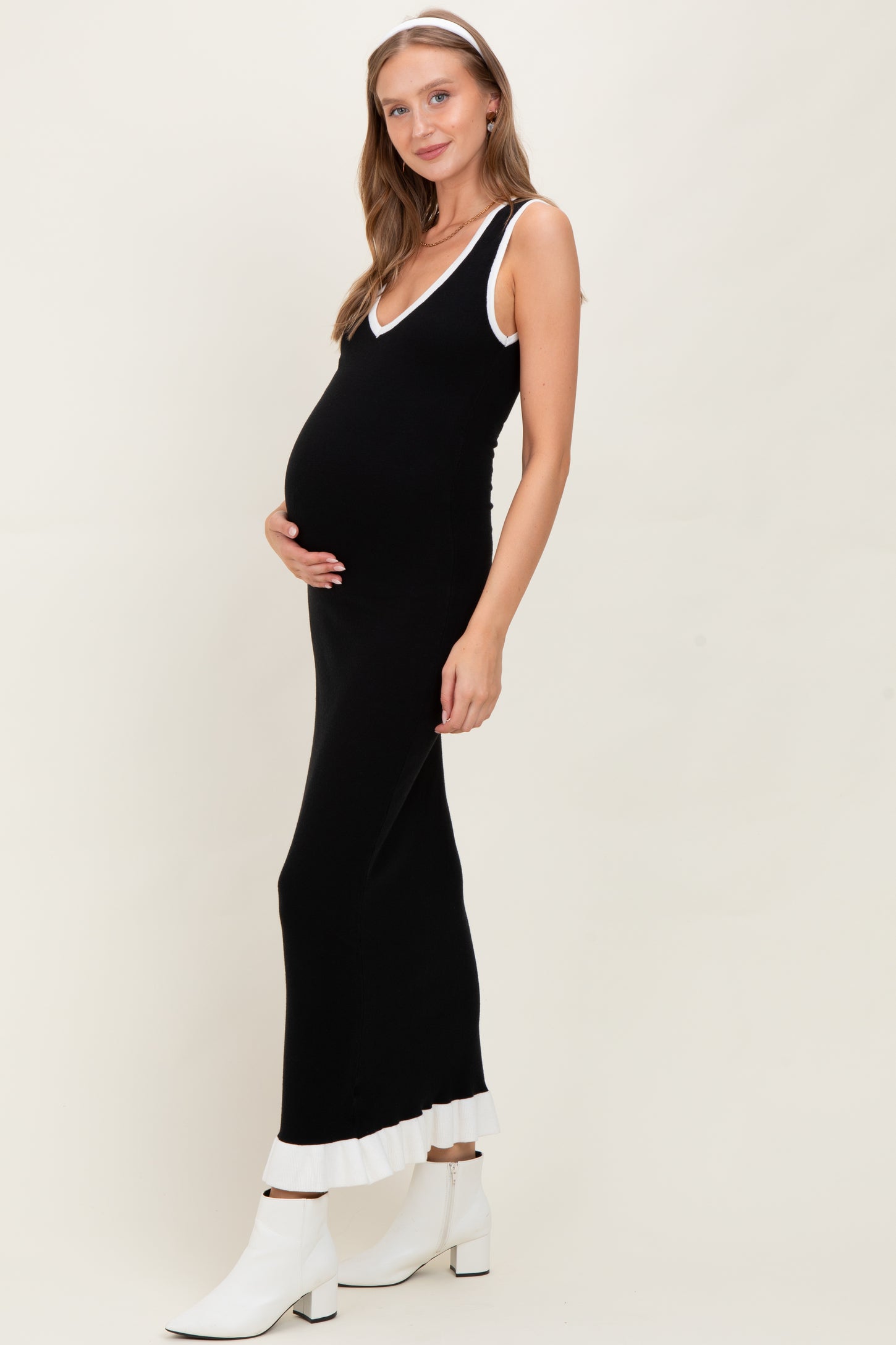 Black Knit V-Neck Contrast Ruffle Hem Maternity Maxi Dress PinkBlush Black Knit V-Neck Contrast Ruffle Hem Maternity Maxi Dress PinkBlush