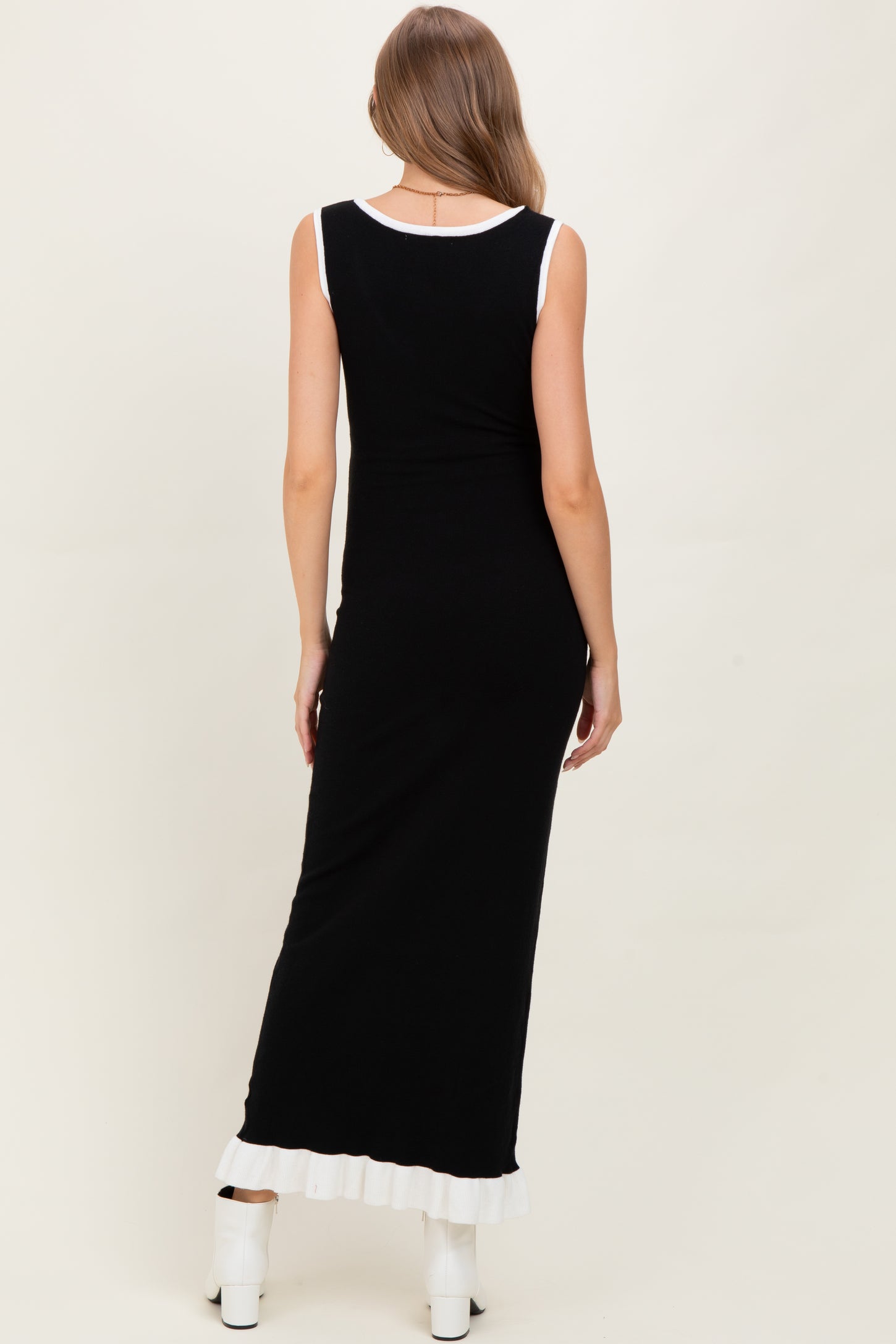 Black Knit V-Neck Contrast Ruffle Hem Maternity Maxi Dress