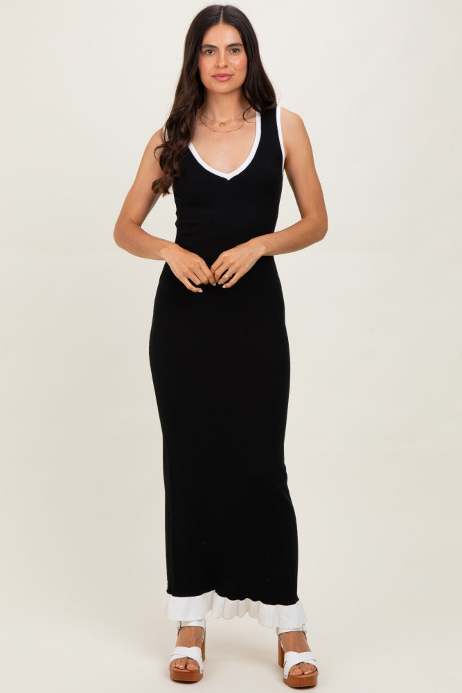 Black Knit V-Neck Contrast Ruffle Hem Maxi Dress
