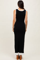 Black Knit V-Neck Contrast Ruffle Hem Maxi Dress