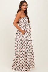 Brown Printed Smocked Wide Leg Maternity Jumpsuit