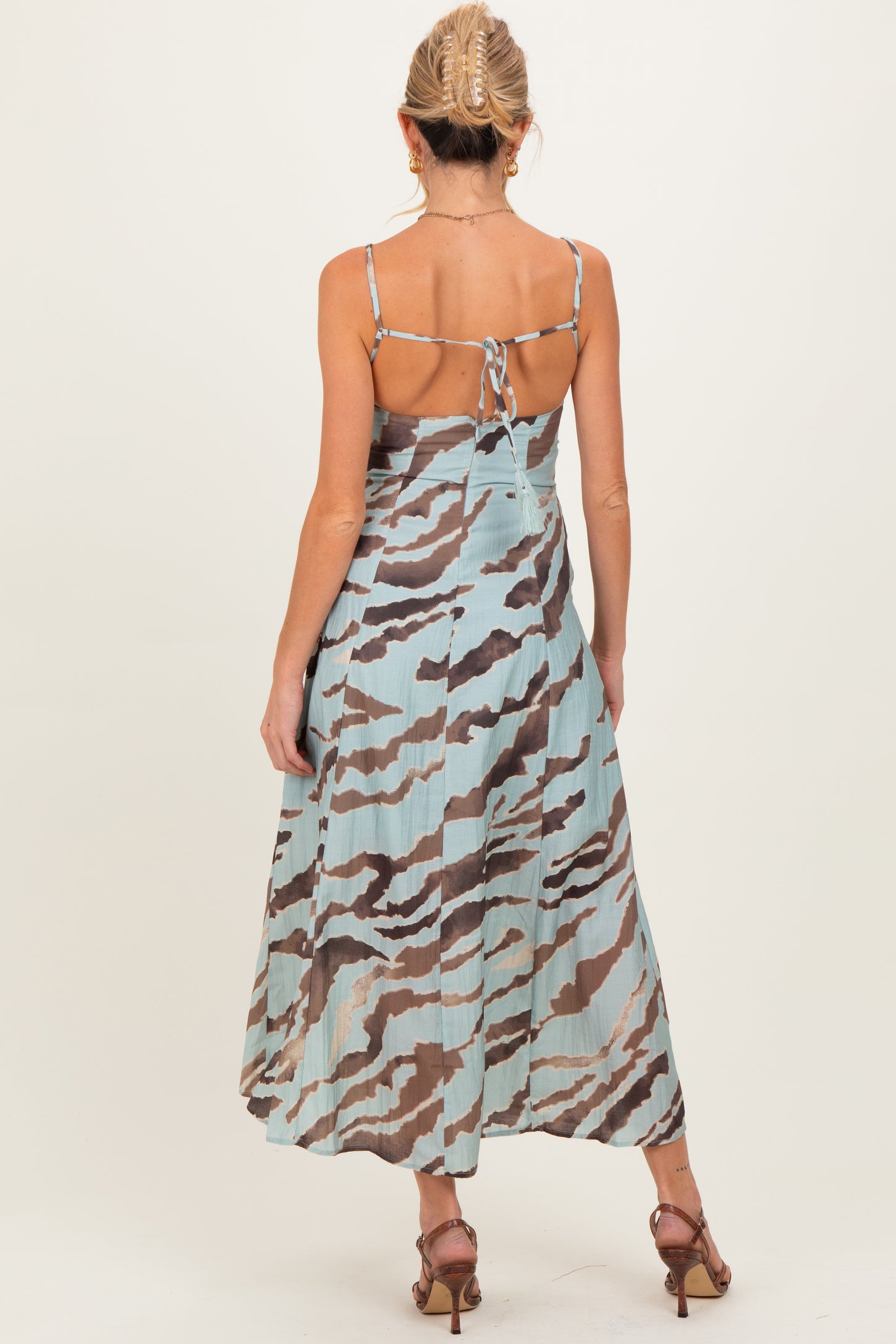 Light Blue Printed Open Tie Back Maternity Maxi Dress