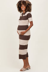 Brown Ribbed Striped Knit Polo Maternity Midi Dress