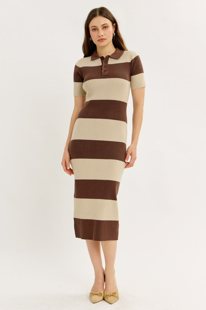 Brown Ribbed Striped Knit Polo Midi Dress Brown Ribbed Striped Knit Polo Midi Dress
