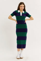 Green Ribbed Striped Knit Polo Maternity Midi Dress