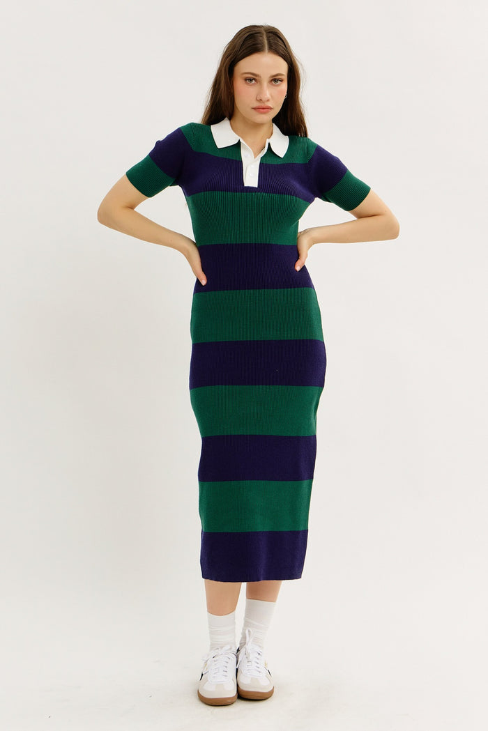 Green Ribbed Striped Knit Polo Maternity Midi Dress