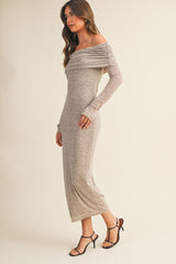 Mocha Heather Off Shoulder Long Sleeve Maxi Dress