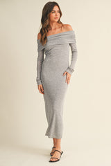 Heather Grey Off Shoulder Long Sleeve Maternity Maxi Dress