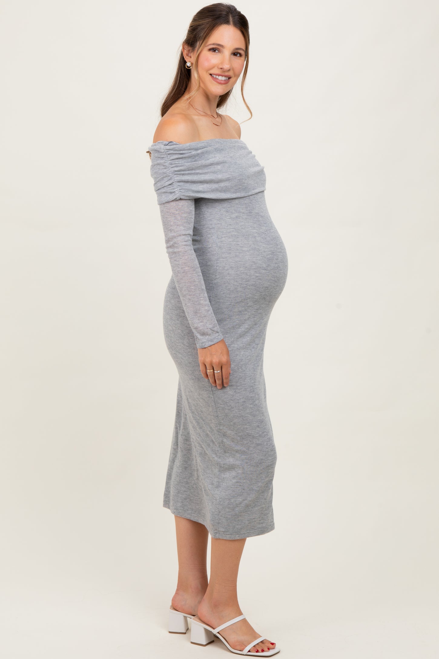 Heather Grey Off Shoulder Long Sleeve Maternity Maxi Dress