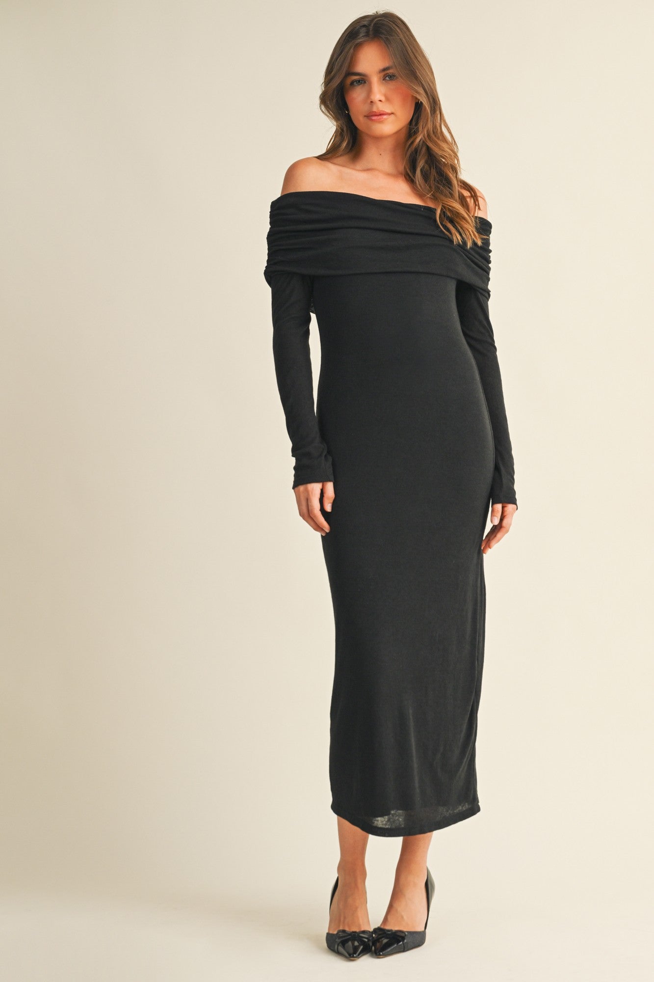 Black Off Shoulder Long Sleeve Maternity Maxi Dress