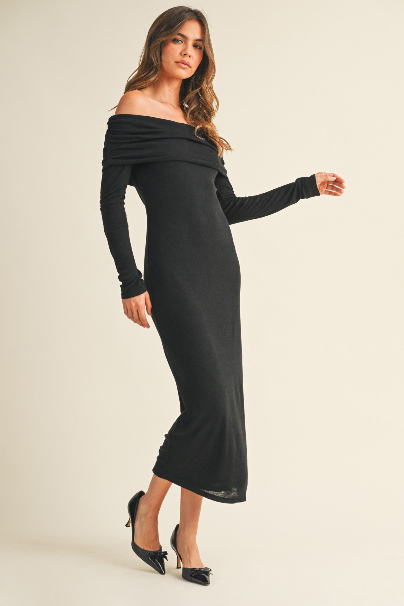 black off the shoulder maxi dress long sleeve Ruched Off-Shoulder Mesh-Sleeve Mermaid Maxi Dress