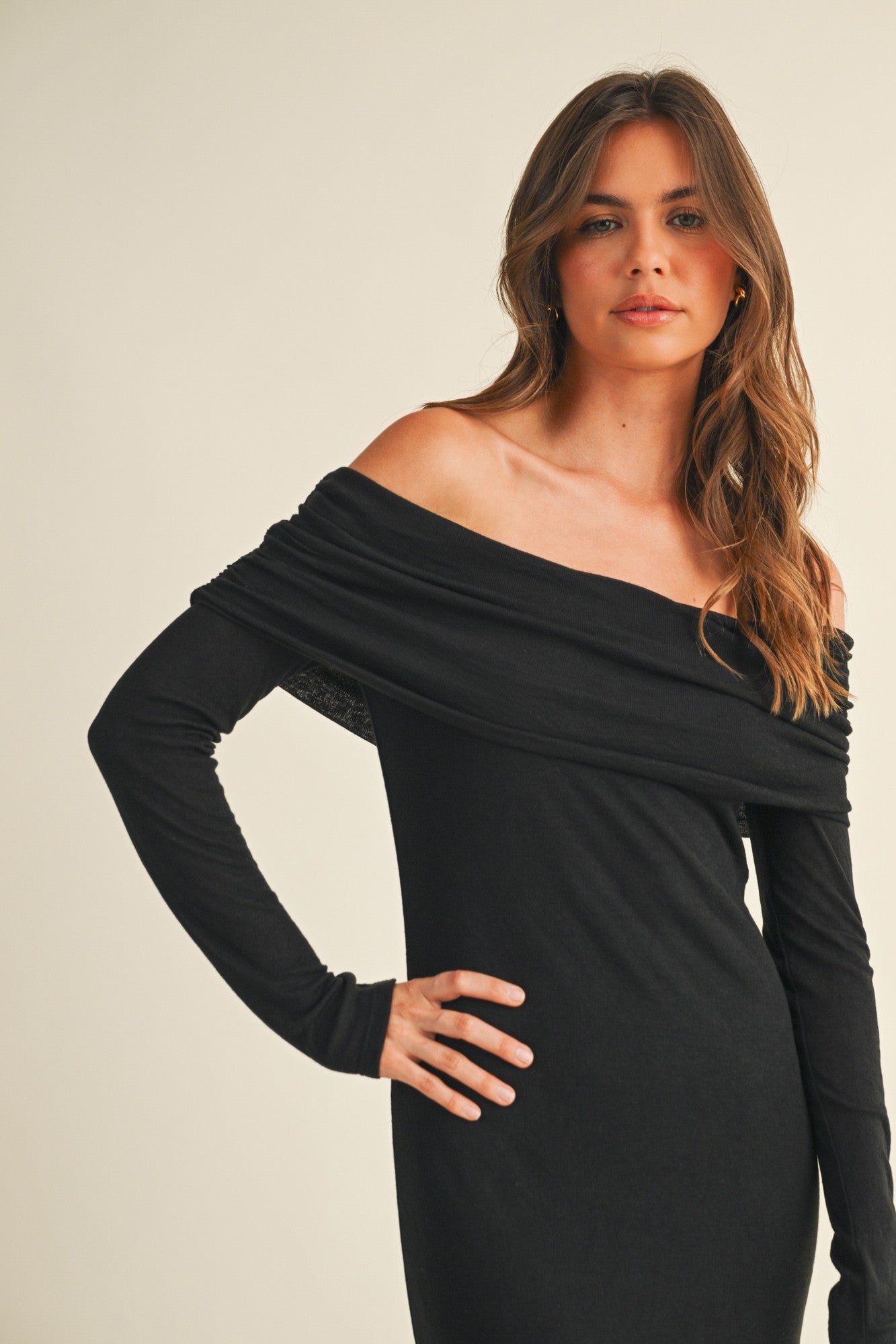 black off the shoulder maxi dress long sleeve Black Off Shoulder Maxi Dress