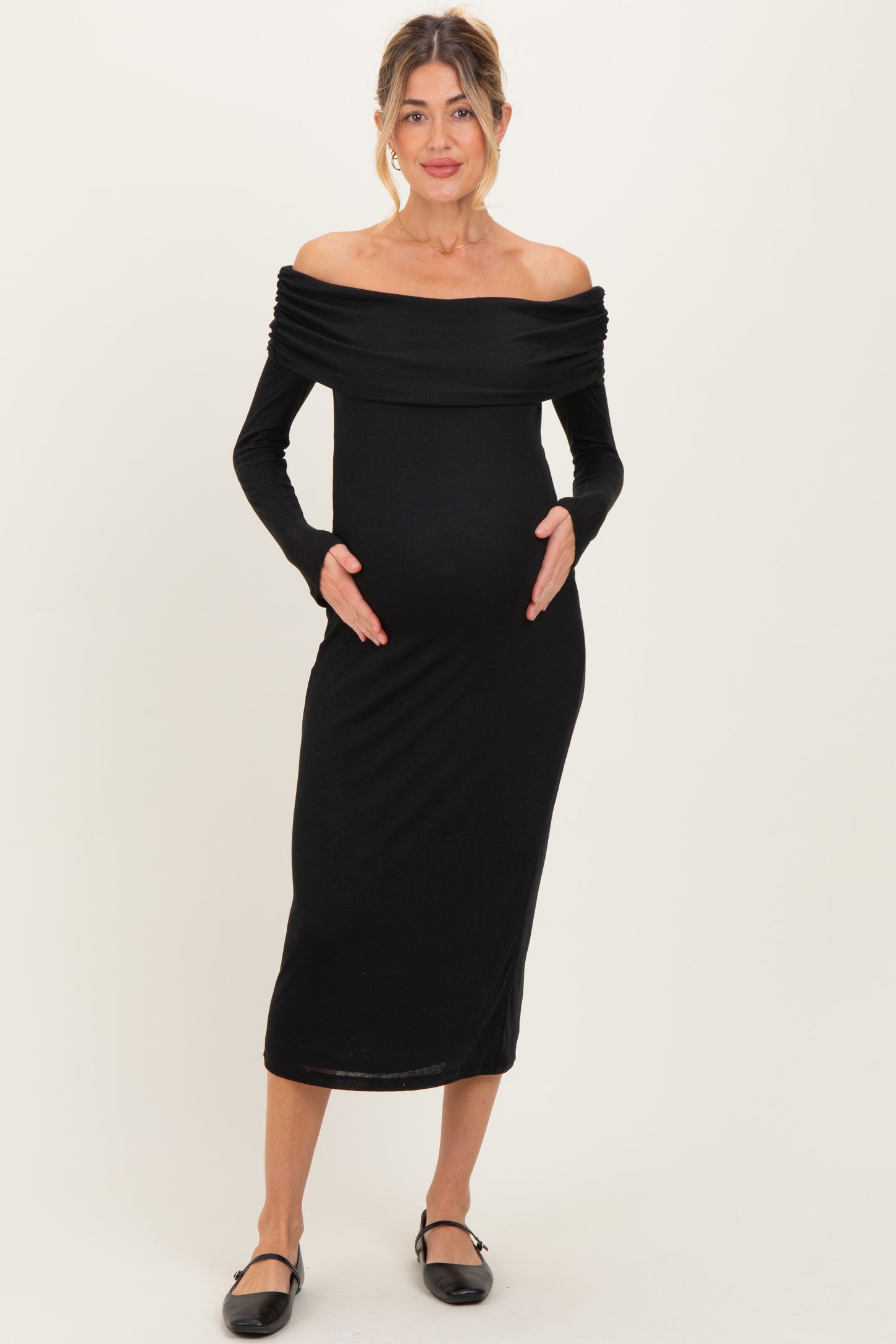 Black Off Shoulder Long Sleeve Maternity Maxi Dress Black Off Shoulder Long Sleeve Maternity Maxi Dress