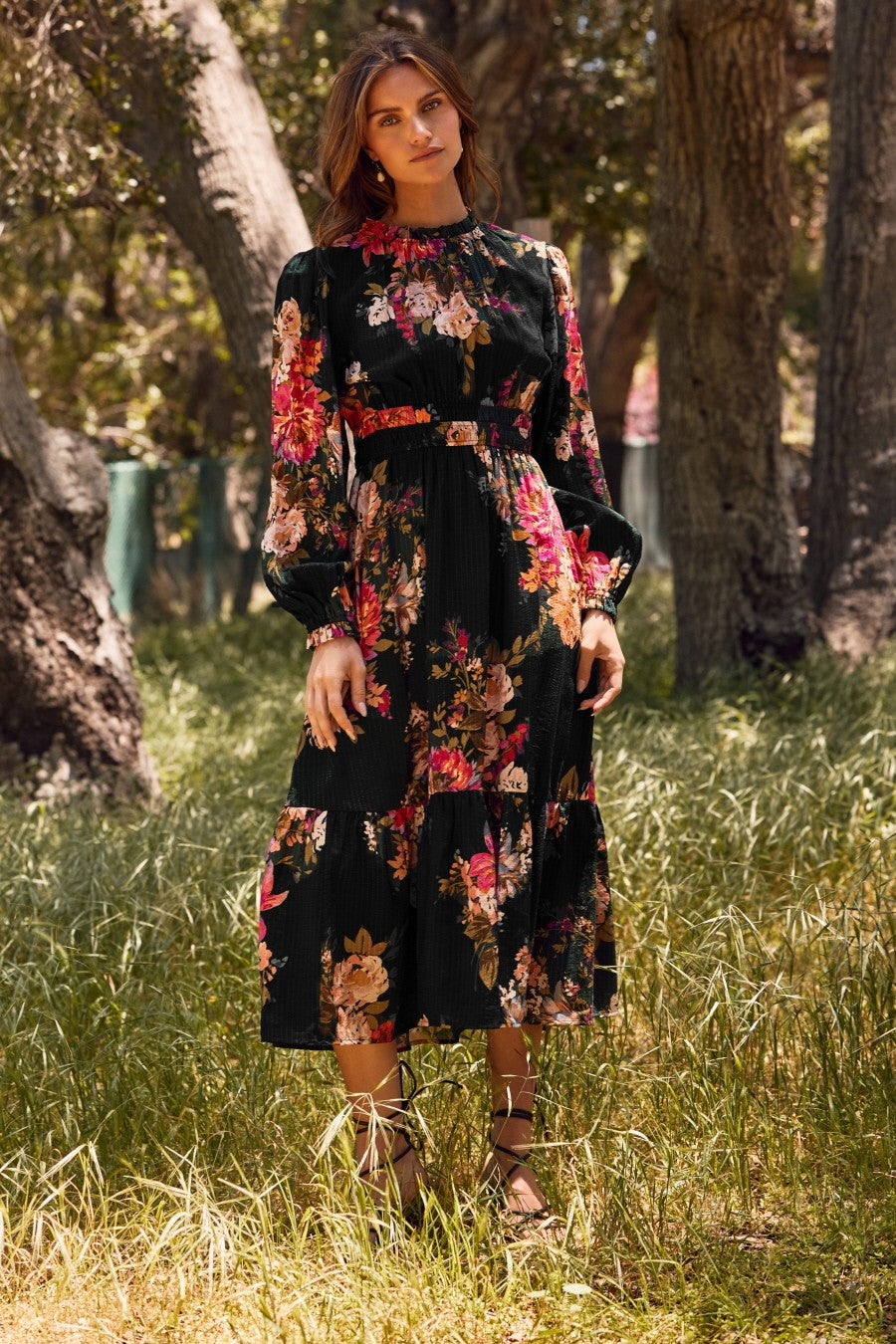 Black Floral Long Sleeve Midi Dress – PinkBlush