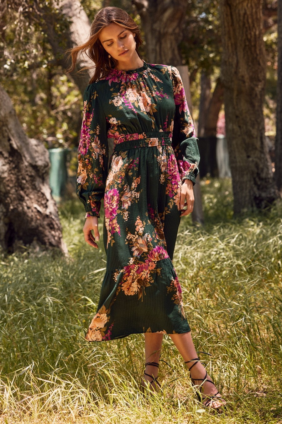Forest Green Floral Long Sleeve Midi Dress