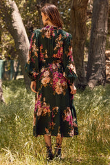 Forest Green Floral Long Sleeve Midi Dress