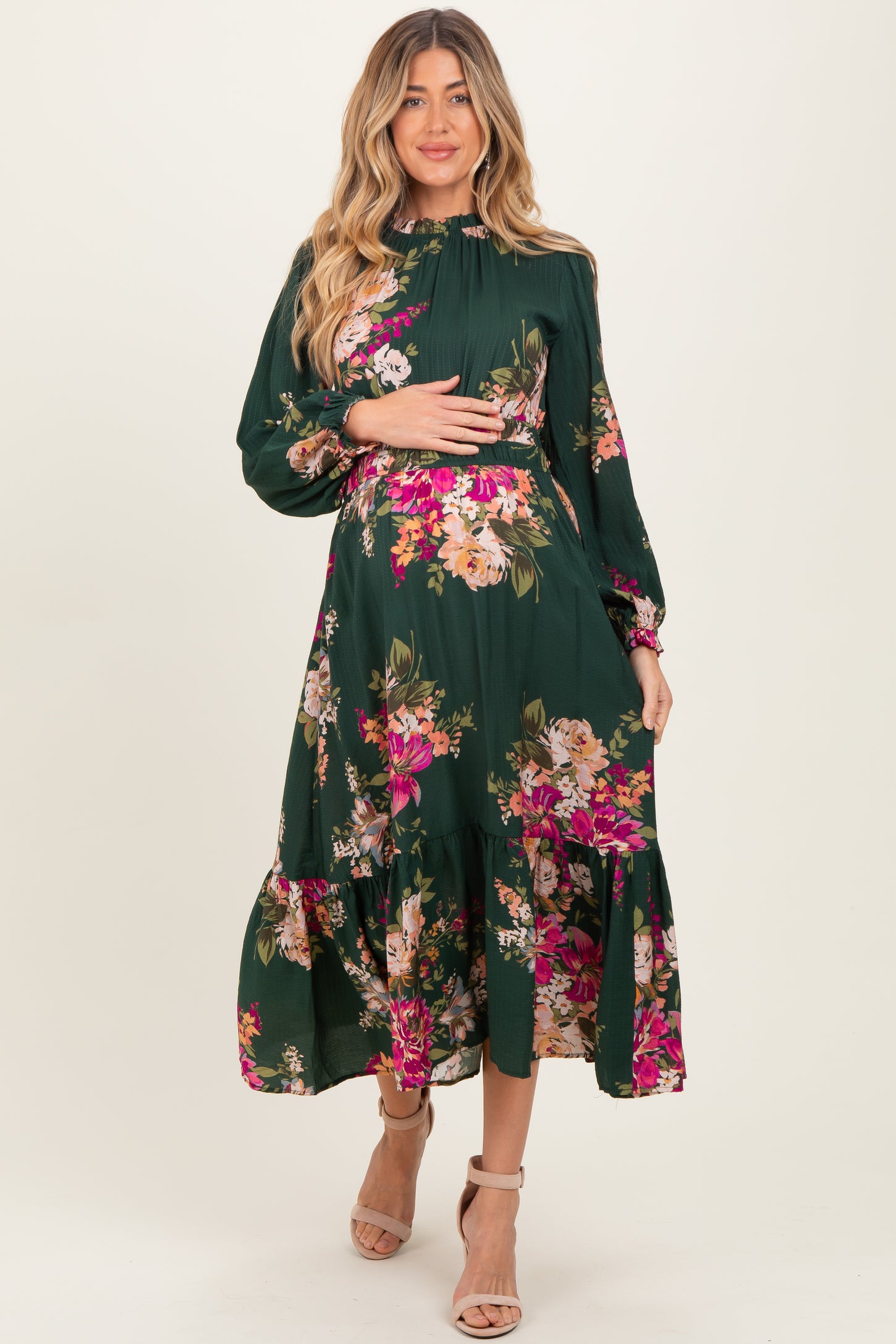 Forest Green Floral Long Sleeve Maternity Midi Dress Forest Green Floral Long Sleeve Maternity Midi Dress