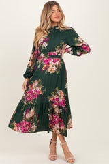 Forest Green Floral Long Sleeve Maternity Midi Dress