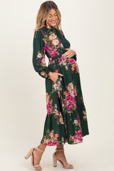 Forest Green Floral Long Sleeve Maternity Midi Dress