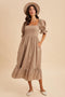 Mocha Gingham Square Neck Midi Dress