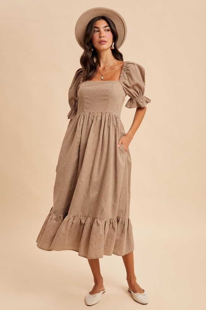 Mocha Gingham Square Neck Maternity Midi Dress