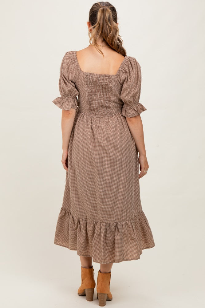 Mocha Gingham Square Neck Maternity Midi Dress