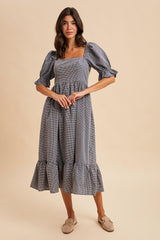 Navy Gingham Square Neck Maternity Midi Dress