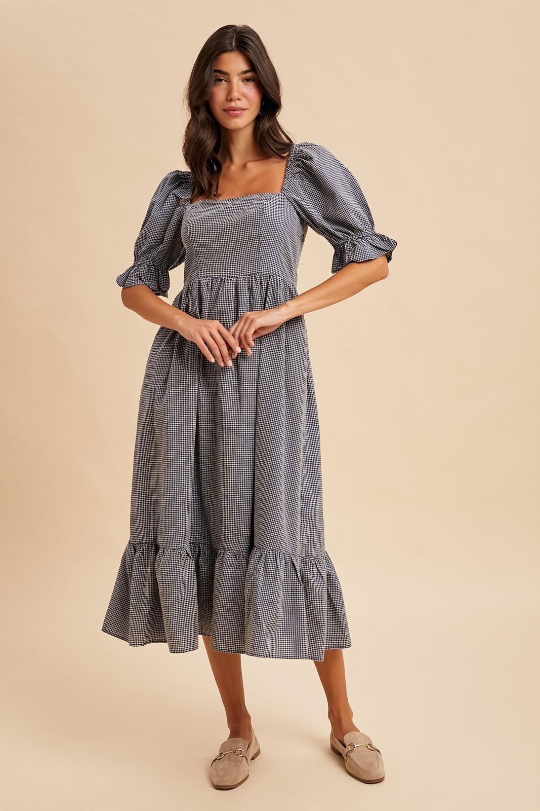 knee length dresses for ladies Light Blue Check Flossie Midi Dress