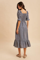 Navy Gingham Square Neck Midi Dress