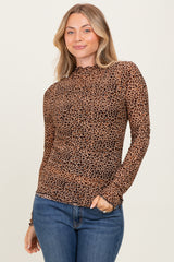 Mocha Animal Print Mesh Ruffle Neck Maternity Top