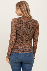 Mocha Animal Print Mesh Ruffle Neck Top