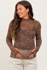 Mocha Animal Print Mesh Ruffle Neck Maternity Top