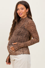 Mocha Animal Print Mesh Ruffle Neck Maternity Top