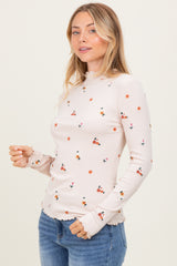 Ecru Knit Embroidered Floral Ruffle Hem Top