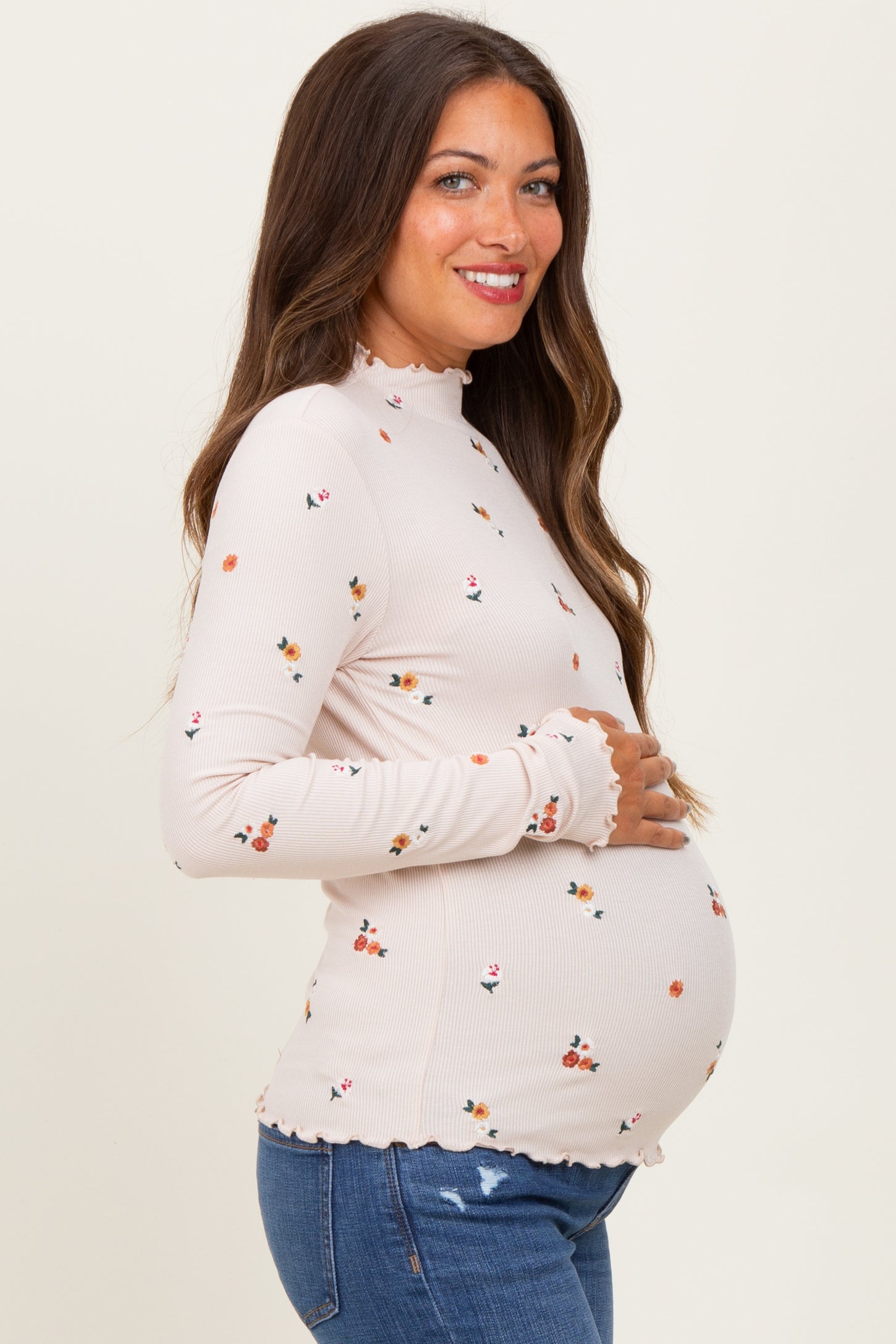 Ecru Knit Embroidered Floral Ruffle Hem Maternity Top