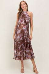 Brown Floral Pleated Halter Maternity Midi Dress