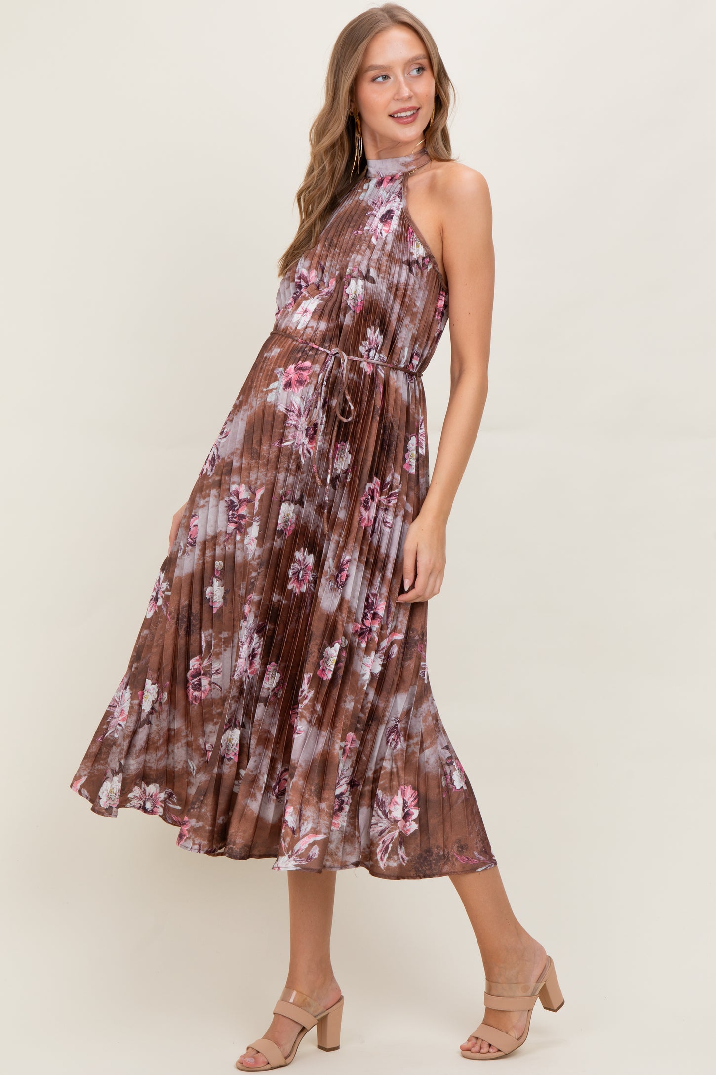 Brown Floral Pleated Halter Maternity Midi Dress PinkBlush Brown Floral Pleated Halter Maternity Midi Dress PinkBlush