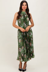 Olive Floral Pleated Halter Midi Dress